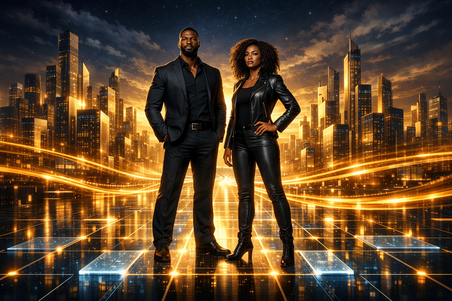 Futuristic duo on glowing blockchain grid